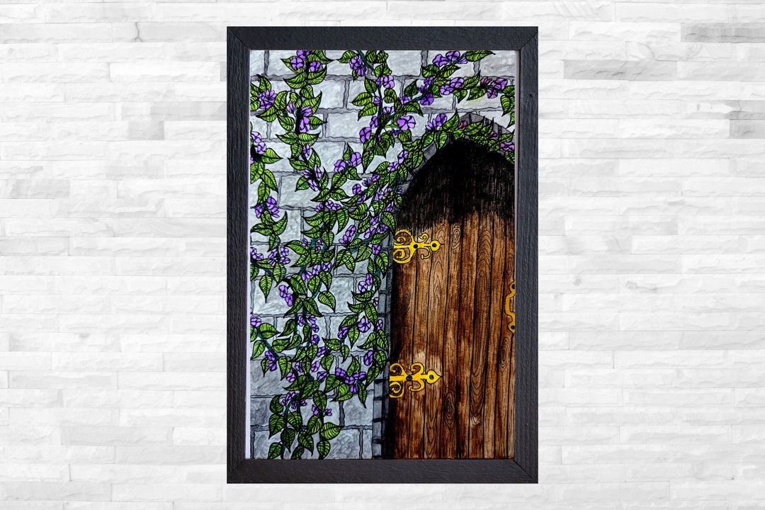 Secret Garden Door Watercolor and Pen Painting Fantasy Decor Wall Art