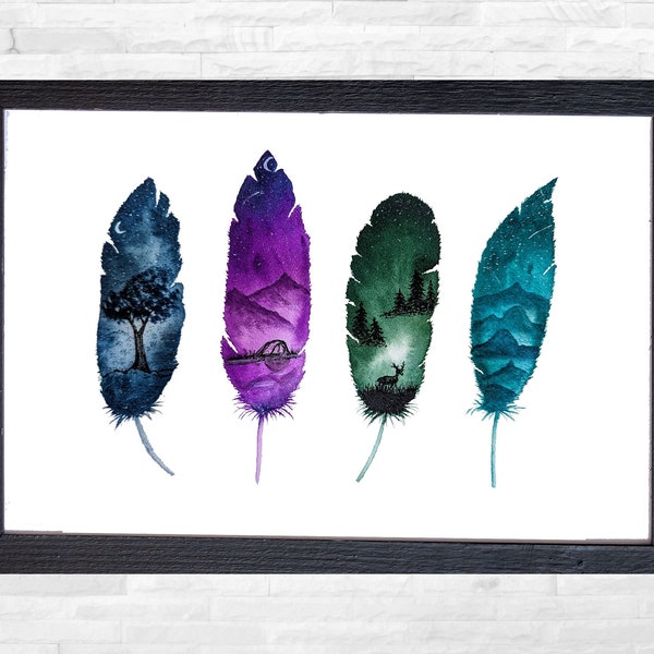 Nature Watercolor Feathers | Blue Tree Feather | Purple Tent Feather | Green Deer Forest Feather | Teal Mountain Feather | Night Sky Feather