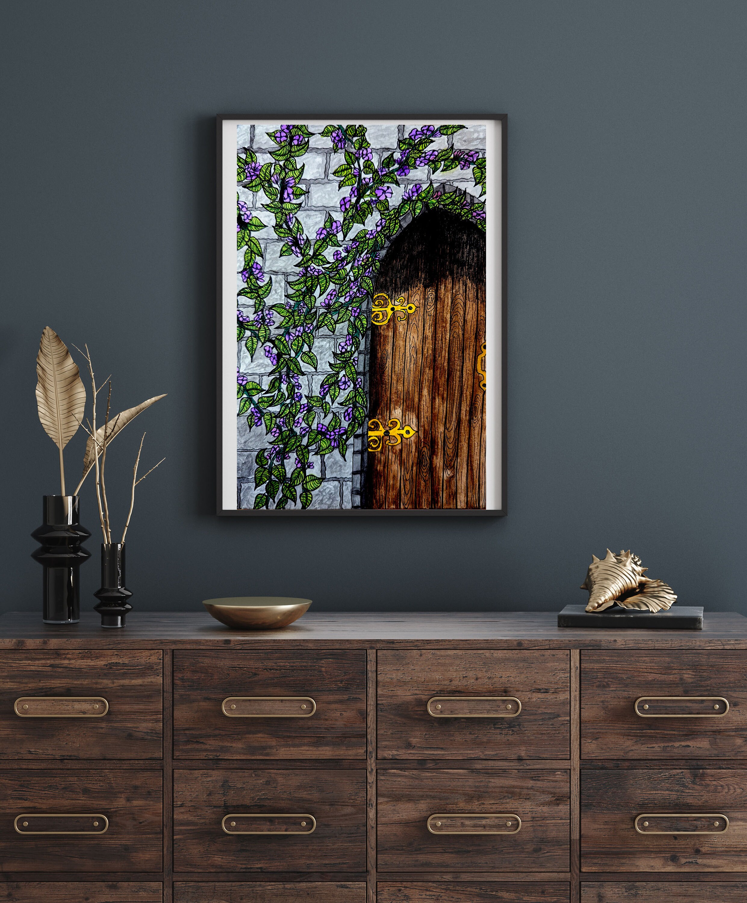 Secret Garden Door Watercolor and Pen Painting Fantasy Decor Wall Art