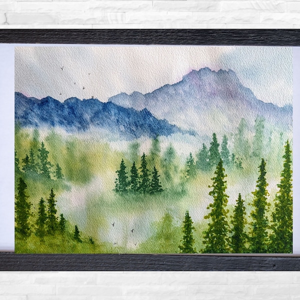 Foggy Mountain Forest Watercolor Painting | Dark Academia Wall Art | Cottage Core Decor | Misty Mountain Printable Wall Art | Landscape Art