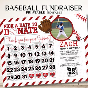 May include: Baseball fundraiser printable and editable design. Features a baseball theme with a calendar to pick a date to donate. Includes a baseball player image, baseball glove, and baseball graphics. The text reads "Pick a date to donate" and "Thank you for your support!"