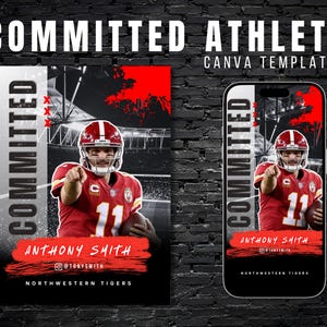 Può includere: Design digitale con un giocatore di football americano in uniforme rossa e la scritta «COMMITTED ATHLETE CANVA TEMPLATES». Il design include il nome del giocatore, la squadra e l'handle dei social media. Lo sfondo è uno stadio.