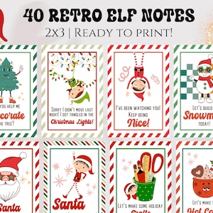 Puede incluir: Una colección de 40 notas retro de elfos, listas para imprimir. Cada tarjeta presenta ilustraciones festivas de elfos, muñecos de nieve y decoraciones navideñas. Las tarjetas tienen un esquema de color rojo, verde y blanco, con texto.