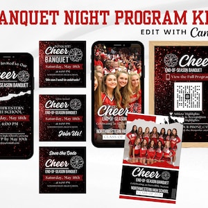 Plantilla de programa para banquete de porristas, invitación para banquete de equipo, cartel de programa con código QR, programa digital en Canva, banquete de fin de temporada de porristas