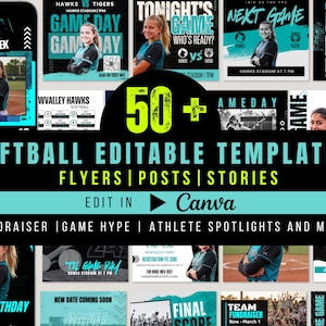 May include: A collection of softball-themed editable templates for flyers, posts, and stories. The design features a teal and black color scheme with images of softball players and game day graphics. Includes the text "Edit in Canva."