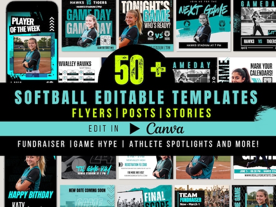 Softball Social Media Templates Canva, Team Graphics Bundle, Game Day Posts, Fundraiser Flyers, Athlete Spotlight, 50+ Templates