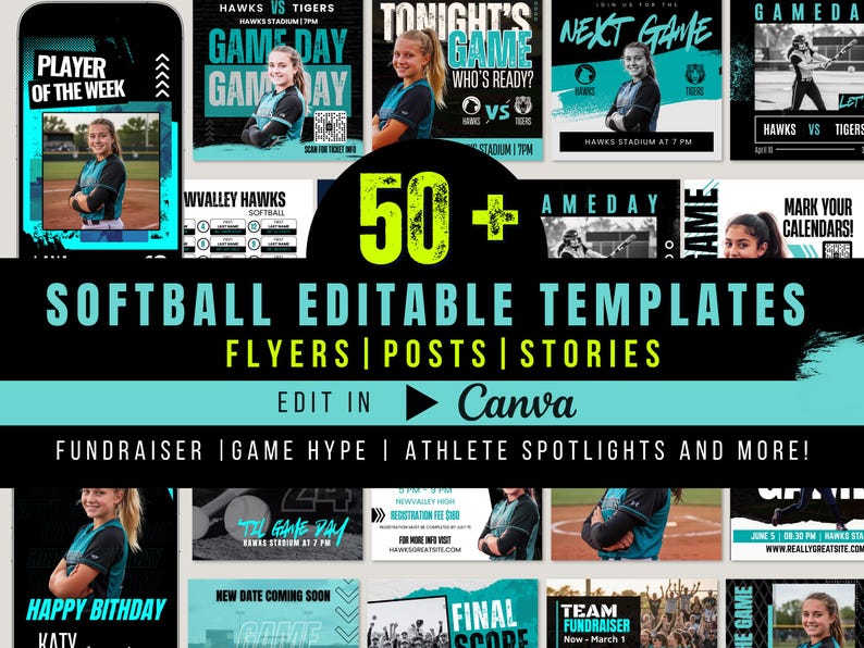 K&ouml;nnte beinhalten: Eine Sammlung von bearbeitbaren Vorlagen zum Thema Softball f&uuml;r Flyer, Beitr&auml;ge und Stories. Das Design zeigt ein t&uuml;rkis-schwarzes Farbschema mit Bildern von Softballspielern und Spieltagsgrafiken. Enth&auml;lt den Text "Edit in Canva."