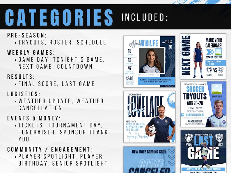 Soccer Social Media Templates Canva Sports Marketing Kit Game Day Graphics Athlete Spotlight Bundle Posts Stories Flyers image 5