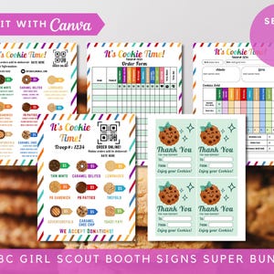 ABC Girl Scout Cookie Super-bundel 2024 2025 bewerkbaar/afdrukbaar, menukaart cookie, prijslijst, bedankkaart, verkooptracker