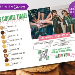 Girl Scout Cookie-bestelkaartkaart 2023 2024, bewerkbaar LBB ABC-verkoopbewijs, afdrukbaar prijsmenu 5 x 7 inch