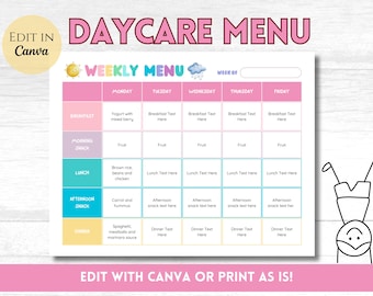 Daycare Weekly Menu Editable, Homeschool Printable Meal Planner for