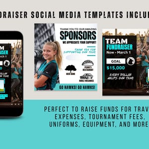 K&ouml;nnte beinhalten: Werbebild f&uuml;r eine Team-Fundraising-Aktion mit Social-Media-Vorlagen. Das Design umfasst ein Smartphone-Mockup und zwei Social-Media-Posts mit dem Text "Team Fundraiser" und "Ziel 15.000 $". Der Text "Every dollar helps our team!" ist ebenfalls enthalten.
