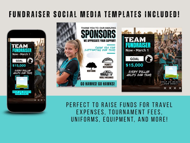 K&ouml;nnte beinhalten: Werbebild f&uuml;r eine Team-Fundraising-Aktion mit Social-Media-Vorlagen. Das Design umfasst ein Smartphone-Mockup und zwei Social-Media-Posts mit dem Text "Team Fundraiser" und "Ziel 15.000 $". Der Text "Every dollar helps our team!" ist ebenfalls enthalten.