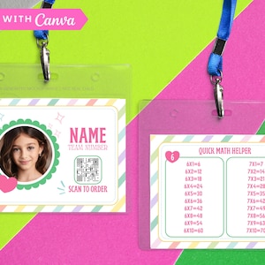 May include: Two clear plastic ID badge holders with blue lanyards. One badge features a photo, name, and QR code. The other has multiplication tables for 6 and 7. The background is a mix of pink, green, and yellow.