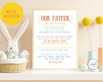 Lords Prayer Colorful kids Printable Wall Art, Matthew 6 Scripture, kids Playroom Art, Religious Nursery Décor, Christian Kid Poster