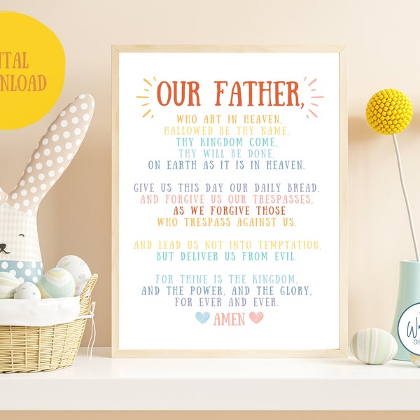 Lords Prayer Colorful kids Printable Wall Art, Matthew 6 Scripture, kids Playroom Art, Religious Nursery Décor, Christian Kid Poster