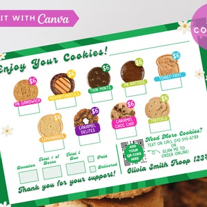 Retro Girl Scout Cookie Dankeschön-Hinweis 2024 2025, bearbeitbares ABC-Bestellformular Verkaufseingang, druckbare Lieferung 4 "x6" Preismenü