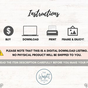 May include: Instructions for a digital download: buy, download, print, and frame and enjoy.  A warning sign states that this is a digital download listing and no physical product will be shipped.  The text "Please read the item description carefully before you make your purchase" is at the bottom of the image.