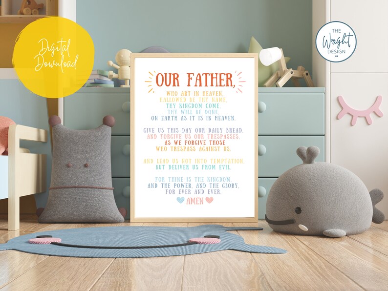Lords Prayer Colorful kids Printable Wall Art, Matthew 6 Scripture, kids Playroom Art, Religious Nursery Décor, Christian Kid Poster image 2