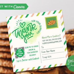 Girl Scout Cookie bedankkaartsjabloon, bewerkbaar afdrukbaar Girl Scout Cookie 2024 2025 QR-code bezorgtag