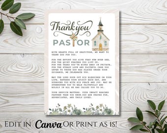 Op de afbeelding: Een bedankkaart voor een dominee met de woorden "Thank you Pastor" in elegant schrift. De kaart heeft een aquarel illustratie van een kerk en bloemmotieven. De tekst bevat een boodschap van dankbaarheid.