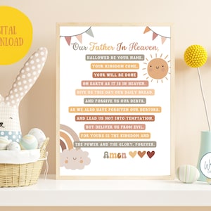 Colorful Lord&#39;s Prayer Wall Art for Kids | Matthew 6 Scripture Printable | Christian Kids Playroom Decor | Religious Nursery Wall Art