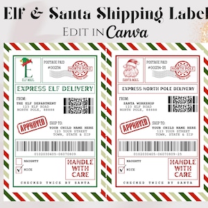 Puede incluir: Diseño de etiquetas de envío con temática navideña con el texto "Elf & Santa Shipping Label". Las etiquetas presentan bordes rojos y verdes, con texto como "Express Elf Delivery" y "Express North Pole Delivery".