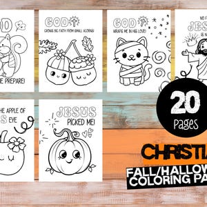 May include: A collection of 20 Christian Fall/Halloween coloring pages. The black and white illustrations include a squirrel, acorns, a cat in bandages, Jesus, an apple, and a pumpkin, with religious text.