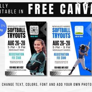 K&ouml;nnte beinhalten: Zwei Softball-Tryout-Flyer mit blau-wei&szlig;en Designs. Die Flyer enthalten den Text "SOFTBALL TRYOUTS", Daten, Uhrzeiten und Registrierungsinformationen. Ein Flyer zeigt ein M&auml;dchen, der andere eine Softballspielerin.
