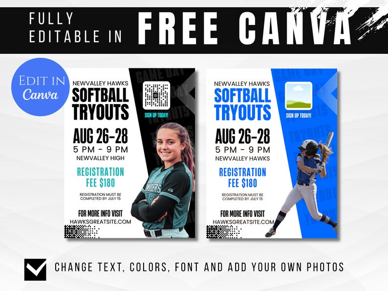 K&ouml;nnte beinhalten: Zwei Softball-Tryout-Flyer mit blau-wei&szlig;en Designs. Die Flyer enthalten den Text "SOFTBALL TRYOUTS", Daten, Uhrzeiten und Registrierungsinformationen. Ein Flyer zeigt ein M&auml;dchen, der andere eine Softballspielerin.