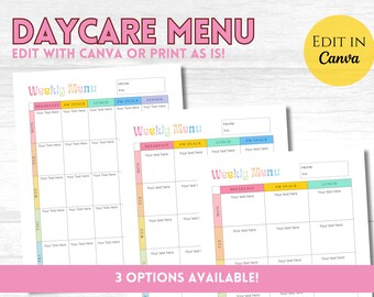 Daycare Weekly Menu Editable, Homeschool Printable Meal Planner for Childcare