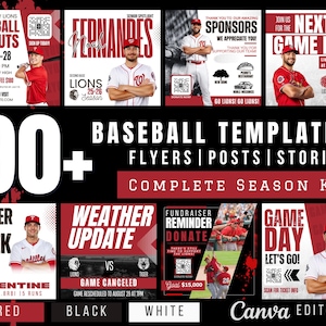 May include: A collection of 90+ baseball templates for flyers, posts, and stories featuring red, black, and white color schemes. The designs include text such as Baseball Tryouts, Player of the Week, Game Day, and Weather Update, alongside images of baseball players in uniforms.