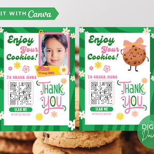 Tarjeta de agradecimiento de galletas de Girl Scout 2024 2025, etiqueta de Girl Scout editable e imprimible con código QR de imagen, entrega de 3 x 4 pulgadas