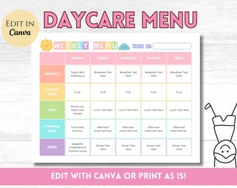 Home Daycare Weekly Menu Editable, Printable Meal Planner for Preschool