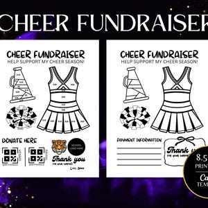 Könnte beinhalten: Zwei schwarz-weiße Cheerleading-Spendenflyer-Vorlagen mit Megafon, Uniform und Pompons. Die Designs enthalten Texte wie CHEER FUNDRAISER, HELP SUPPORT MY CHEER SEASON und QR-Codes für Zahlungen. Eine Vorlage hat die Größe 21,6x27,9 cm.