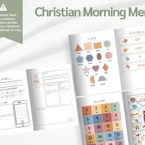 May include: A digital Christian Morning Menu with pages for shapes, directions, numbers, and the alphabet. The menu includes pages for children to write their name and other information. The text "Christian Morning Menu" is at the top.