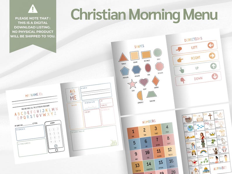 May include: A digital Christian Morning Menu with pages for shapes, directions, numbers, and the alphabet. The menu includes pages for children to write their name and other information. The text "Christian Morning Menu" is at the top.