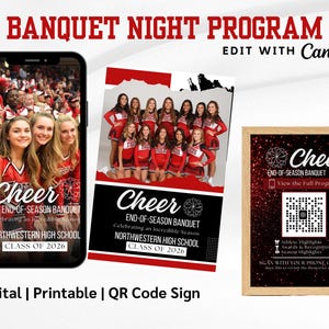 Cheer Bankett Programm Vorlage, Team Bankett Einladung, QR Code Programm Schild, Digitales Programm Canva, Cheerleader Ende der Saison Bankett