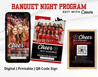 Cheer Banquet Program Template, Team Banquet Invitation, QR Code Program Sign, Digital Program Canva, Cheerleading End of Season Banquet