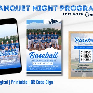 Modello di programma per banchetto di baseball, programma per banchetto sportivo, programma di premiazione di fine stagione per la squadra, programma digitale con codice QR, modificabile con Canva