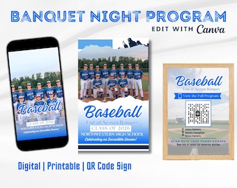 Baseball Banquet Program Template, Sports Banquet Program, End of Season Team Awards Program, Digital QR Code Program, Canva Editable