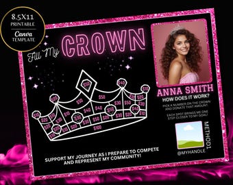 Fill My Crown Pageant Fundraiser Canva, Pink Black White 8.5x11 Editable Donation Poster, Beauty Queen Crowdfunding Sign