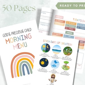 May include: A printable Christian Morning Menu with 50 pages. The cover features the text "God's Precious Child Morning Menu" with a rainbow design. Inside, there are pages for daily planning and the "Seven Days of Creation."