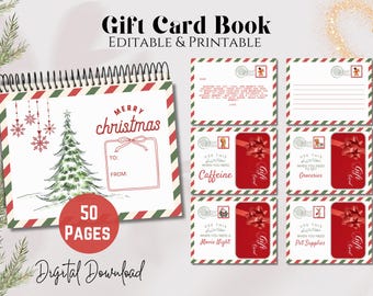 May include: A Christmas-themed gift card book with a spiral binding. The cover displays a Christmas tree illustration and the words "Merry Christmas." Includes gift card templates for occasions like caffeine, groceries, movie nights, and pet supplies. The book contains 50 pages and is a digital download.