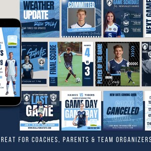 May include: A collection of blue and white soccer-themed graphics. Includes a smartphone displaying tryout information, game schedules, player profiles, and game day announcements. Text includes "Weather Update," "Game Day," and "Final Score."