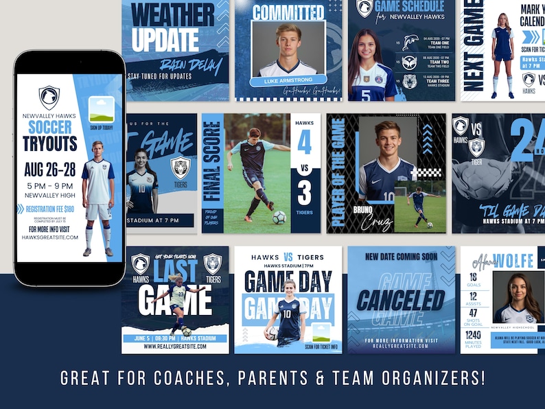 May include: A collection of blue and white soccer-themed graphics. Includes a smartphone displaying tryout information, game schedules, player profiles, and game day announcements. Text includes "Weather Update," "Game Day," and "Final Score."