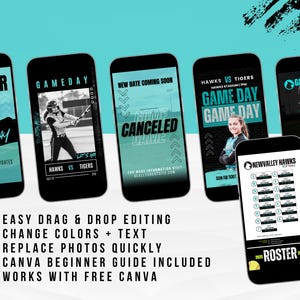 K&ouml;nnte beinhalten: Mehrere Smartphones zeigen Sportgrafiken, darunter Spielpl&auml;ne, Wetter-Updates und Teamlisten. Die Bildschirme zeigen teal- und schwarze Farben mit Text wie "Hawks vs Tigers" und "Game Day".