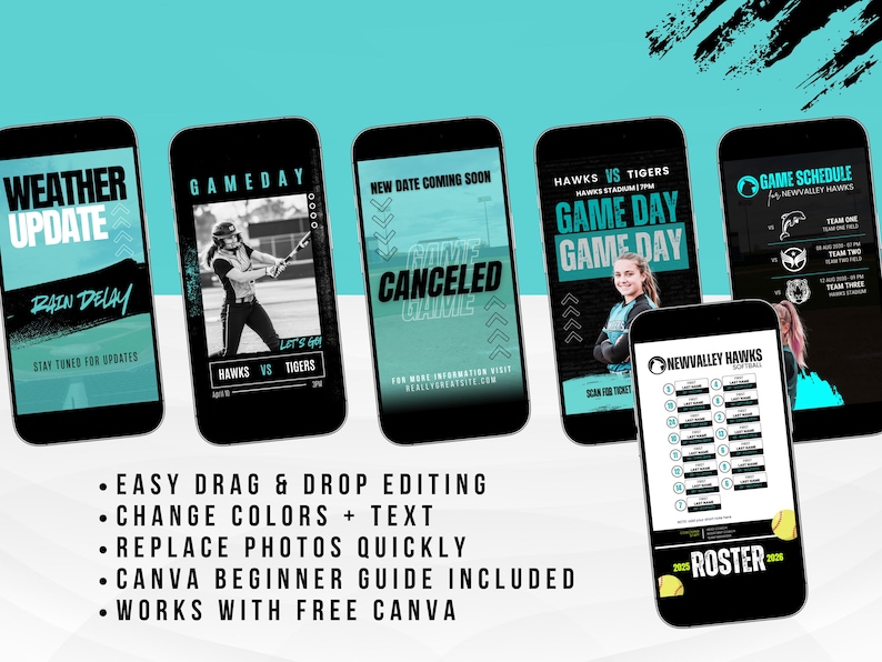 K&ouml;nnte beinhalten: Mehrere Smartphones zeigen Sportgrafiken, darunter Spielpl&auml;ne, Wetter-Updates und Teamlisten. Die Bildschirme zeigen teal- und schwarze Farben mit Text wie "Hawks vs Tigers" und "Game Day".