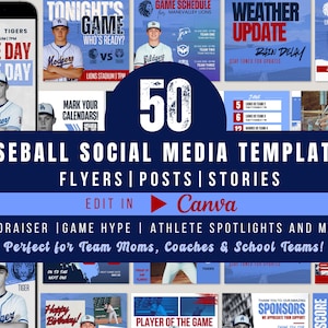 Peut inclure: Ensemble de 50 modèles de médias sociaux de baseball pour flyers, publications et stories, conçus pour être modifiés dans Canva. Les modèles incluent des options pour les annonces de jour de match et les projecteurs d'athlètes. Le design présente un code couleur bleu et blanc.