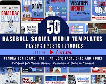 Baseball Social Media Templates Canva | 50 Team Mom Graphics Bundle | Game Day, Schedule, Fundraiser, Player Posts & Flyers Kit